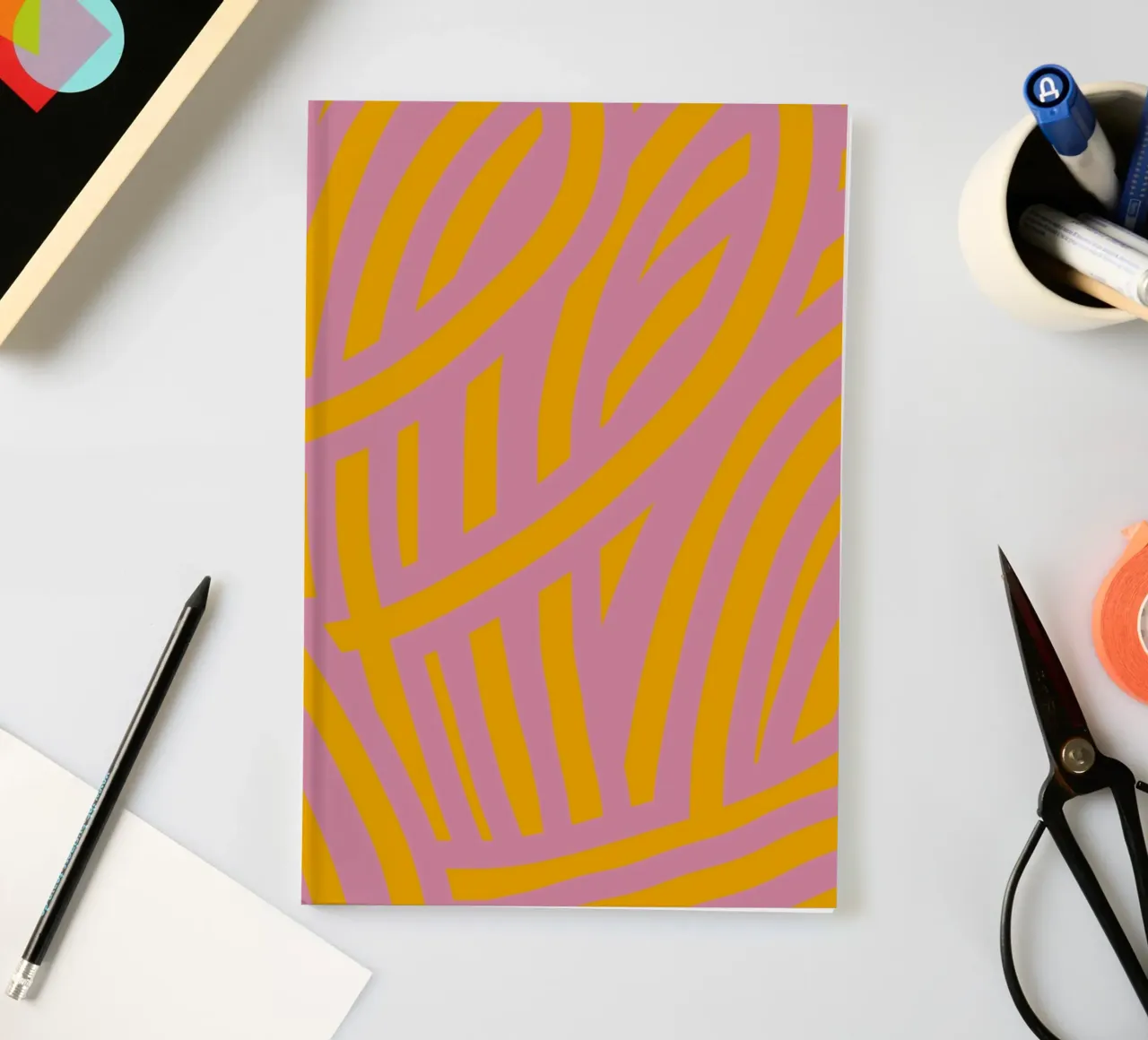 Retro pink and yellow stripes notebook by Little Dean