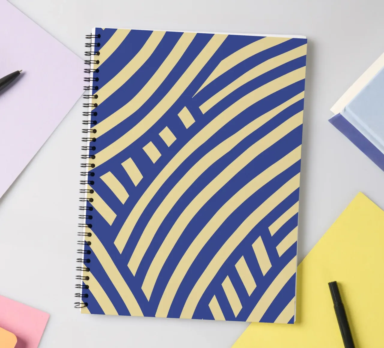 Blue and yellow abstract stripe spiral notebook by Little Dean