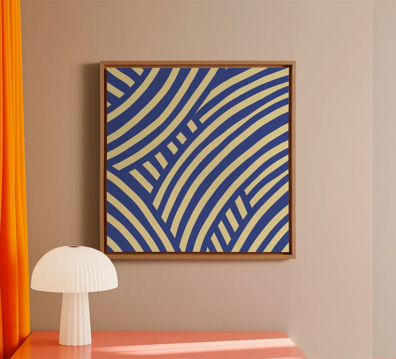 Blauw met gele abstracte streep canvas met Baklijst van Little Dean