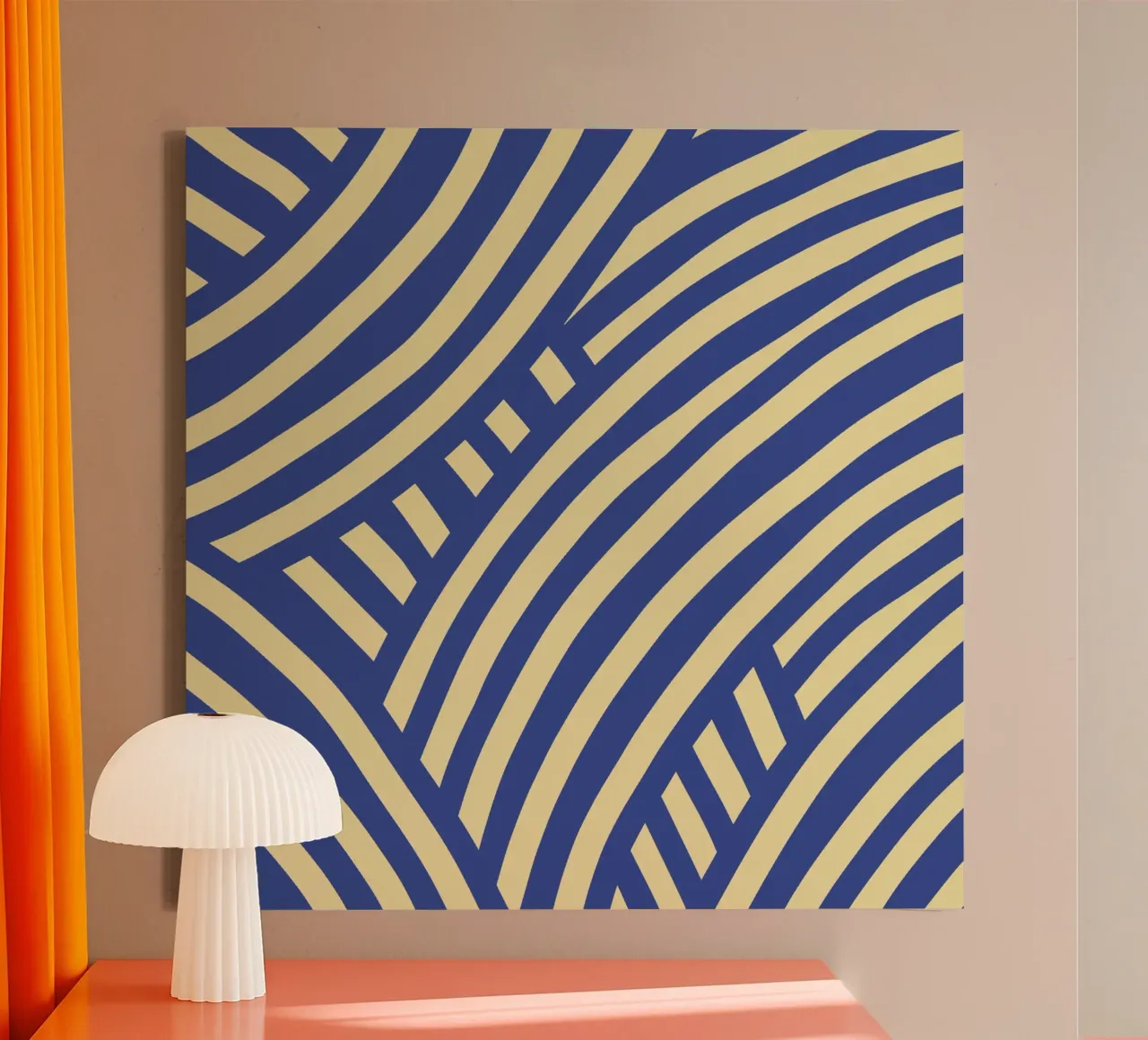 Blauw met gele abstracte streep canvas met Baklijst van Little Dean