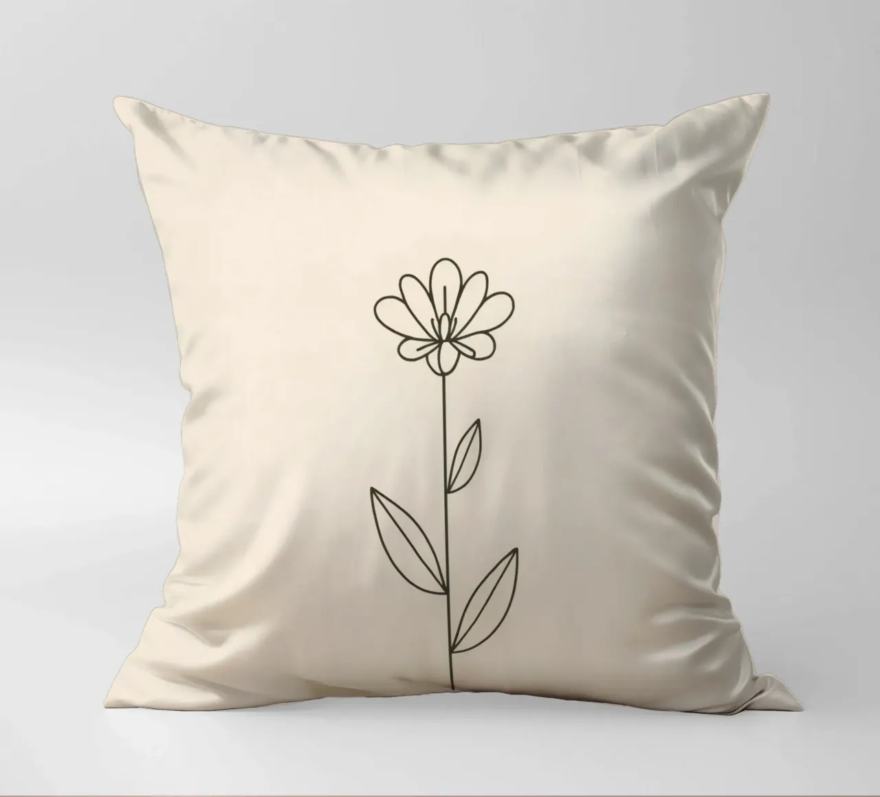 Semplice disegno a linee nere di un fiore con foglie su una luce cuscino da DesignDoodle