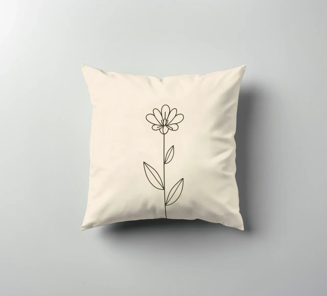 Semplice disegno a linee nere di un fiore con foglie su una luce cuscino da DesignDoodle