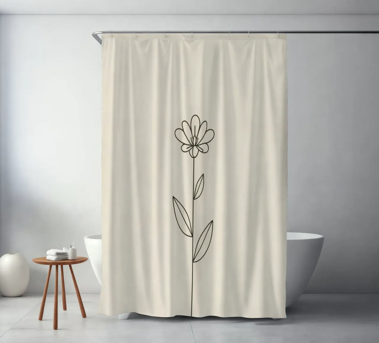 Semplice disegno a linee nere di un fiore con foglie su una luce tenda da doccia da DesignDoodle