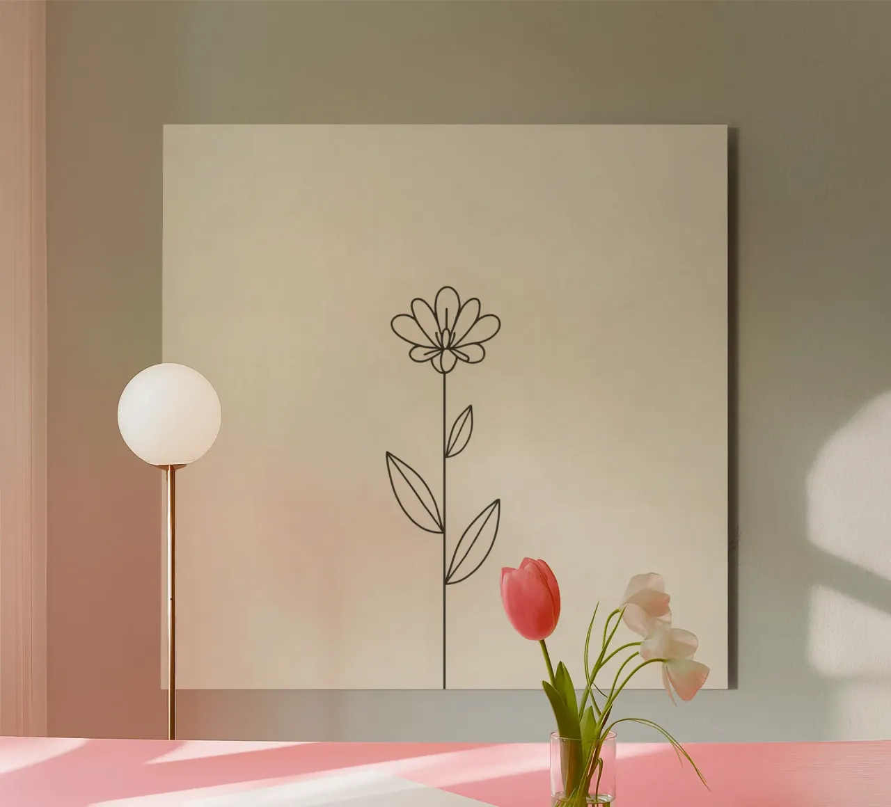 Semplice disegno a linee nere di un fiore con foglie su una luce alluminio dibond da DesignDoodle