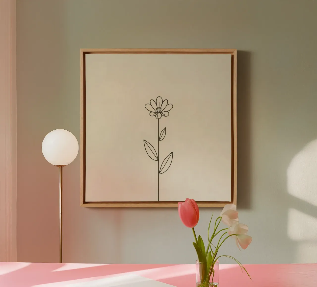 Semplice disegno a linee nere di un fiore con foglie su una luce tela da DesignDoodle