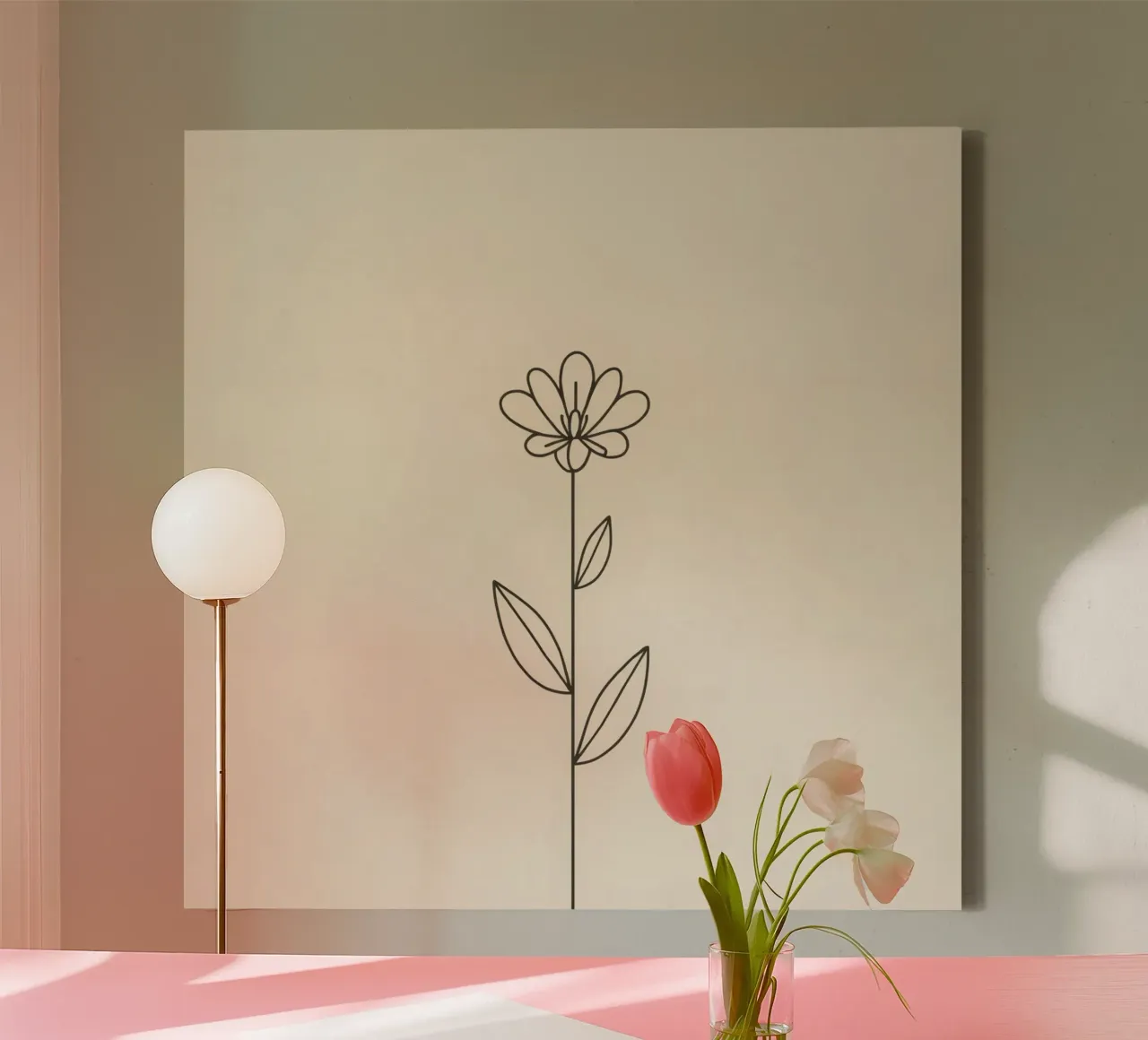 Semplice disegno a linee nere di un fiore con foglie su una luce tela da DesignDoodle