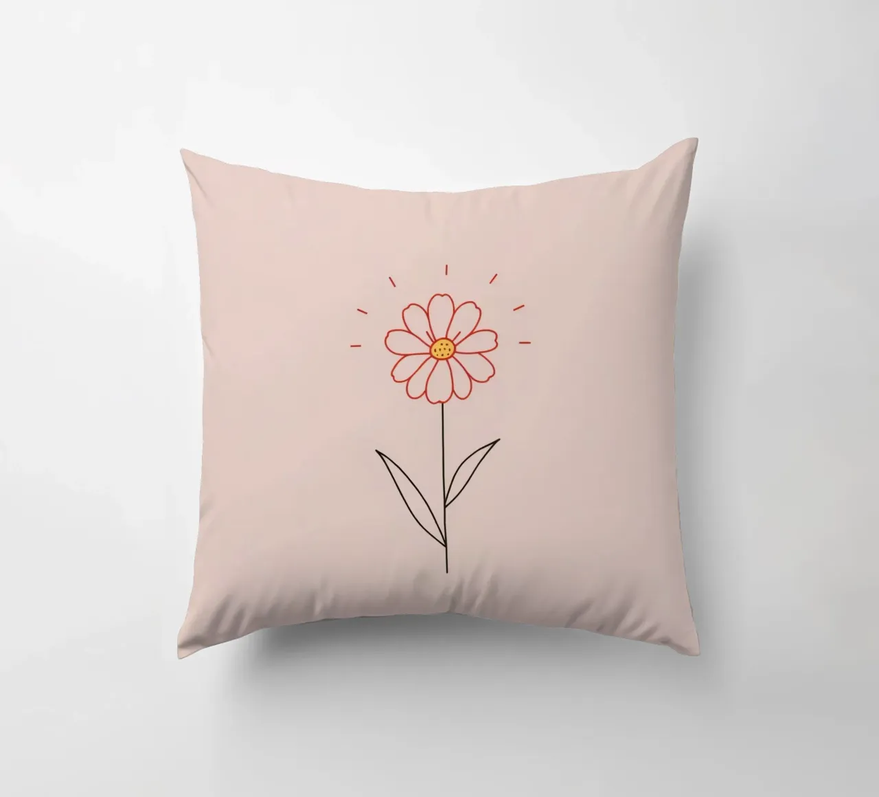 Arte floreale con un semplice fiore rosa e foglie verdi cuscino da DesignDoodle