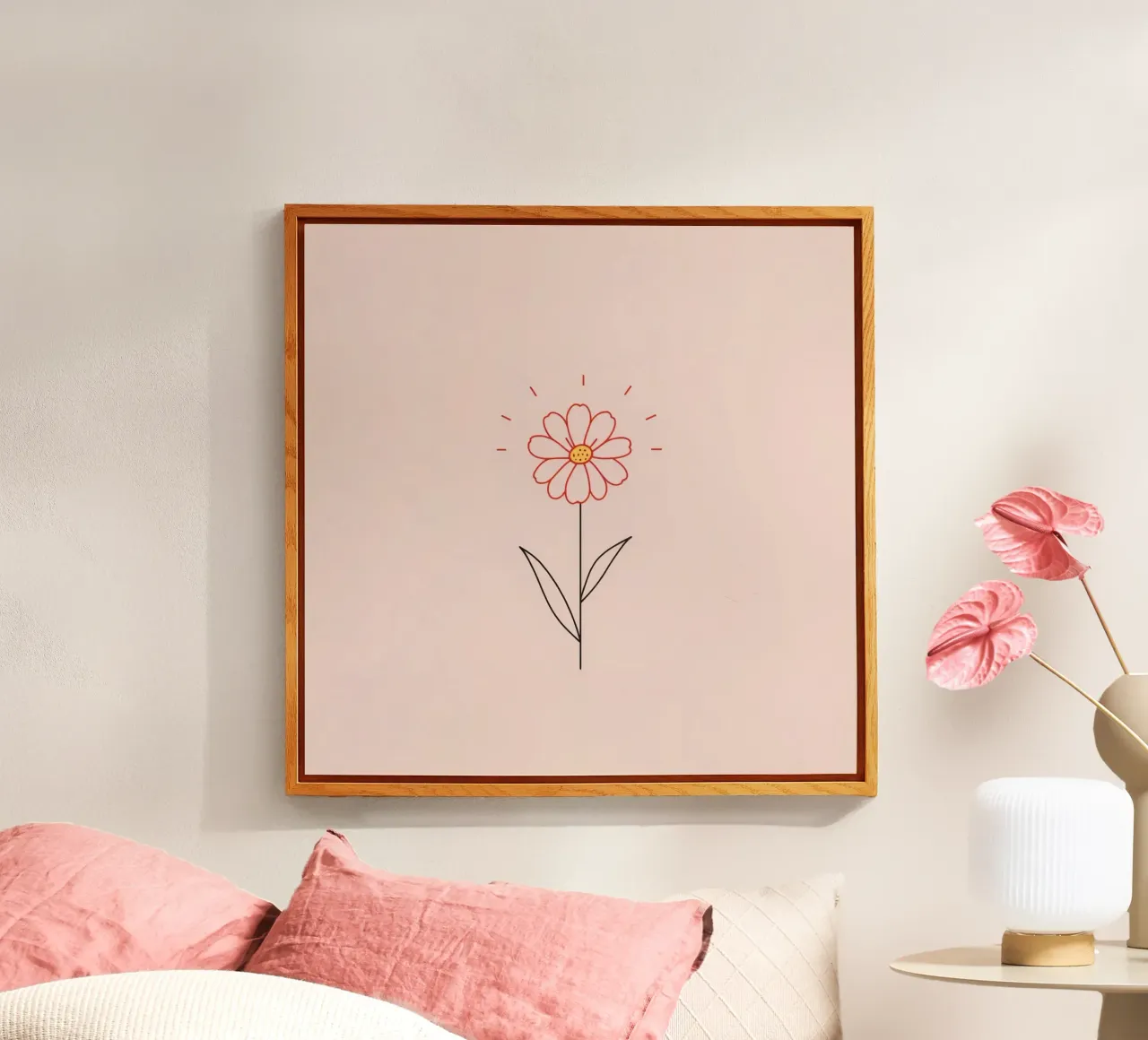 Arte floreale con un semplice fiore rosa e foglie verdi plexiglass da DesignDoodle