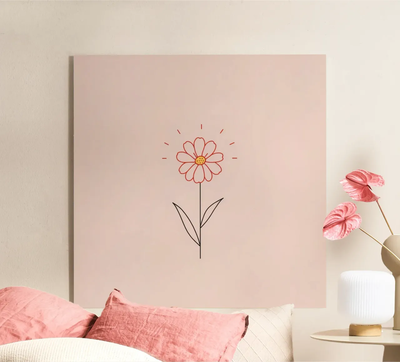 Arte floreale con un semplice fiore rosa e foglie verdi plexiglass da DesignDoodle