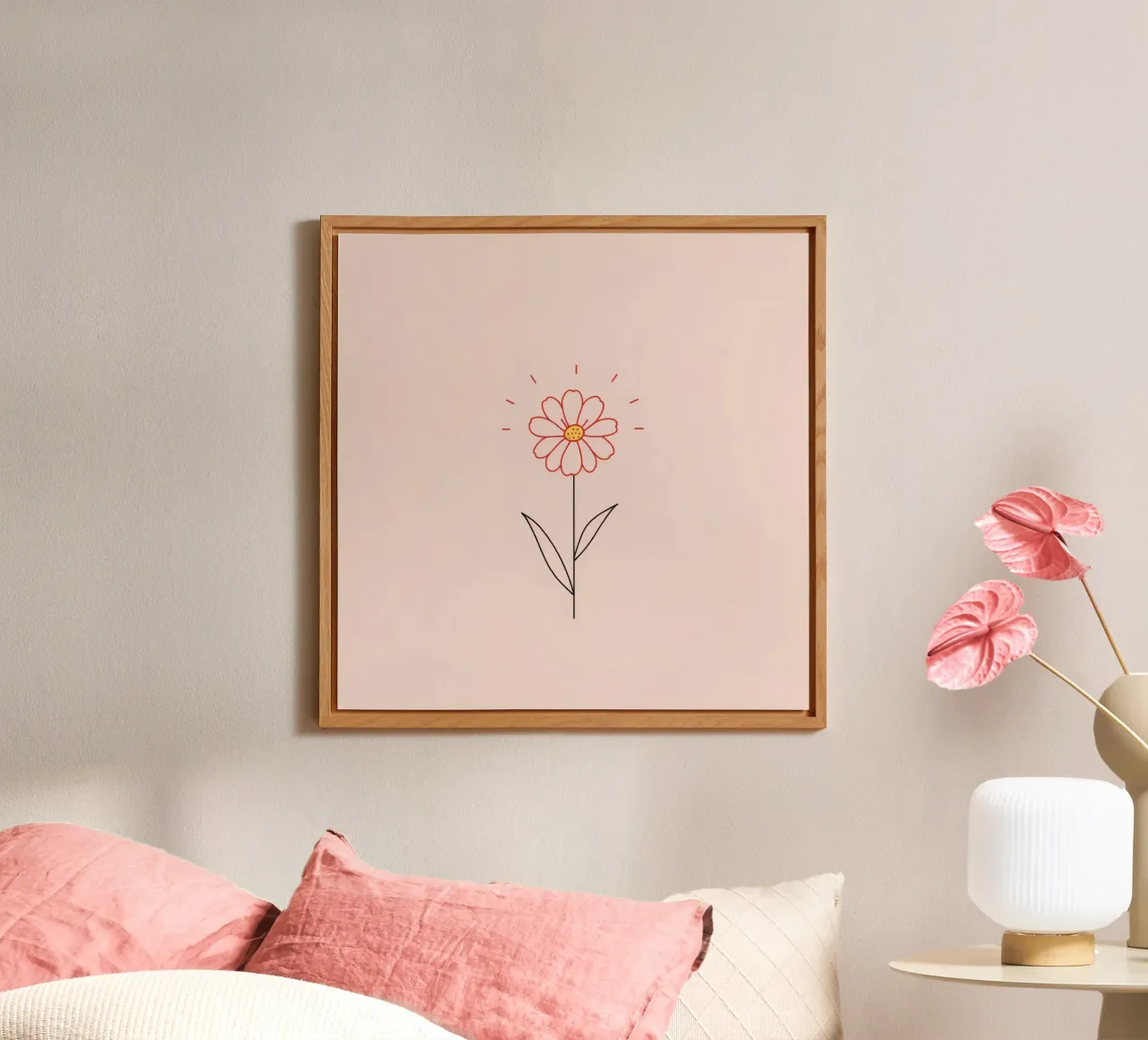 Arte floreale con un semplice fiore rosa e foglie verdi alluminio dibond da DesignDoodle