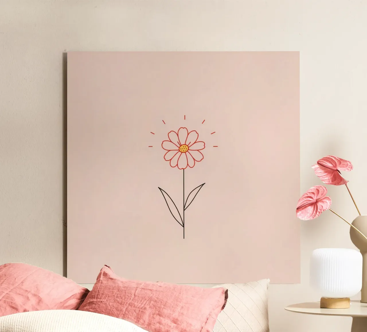 Arte floreale con un semplice fiore rosa e foglie verdi alluminio dibond da DesignDoodle