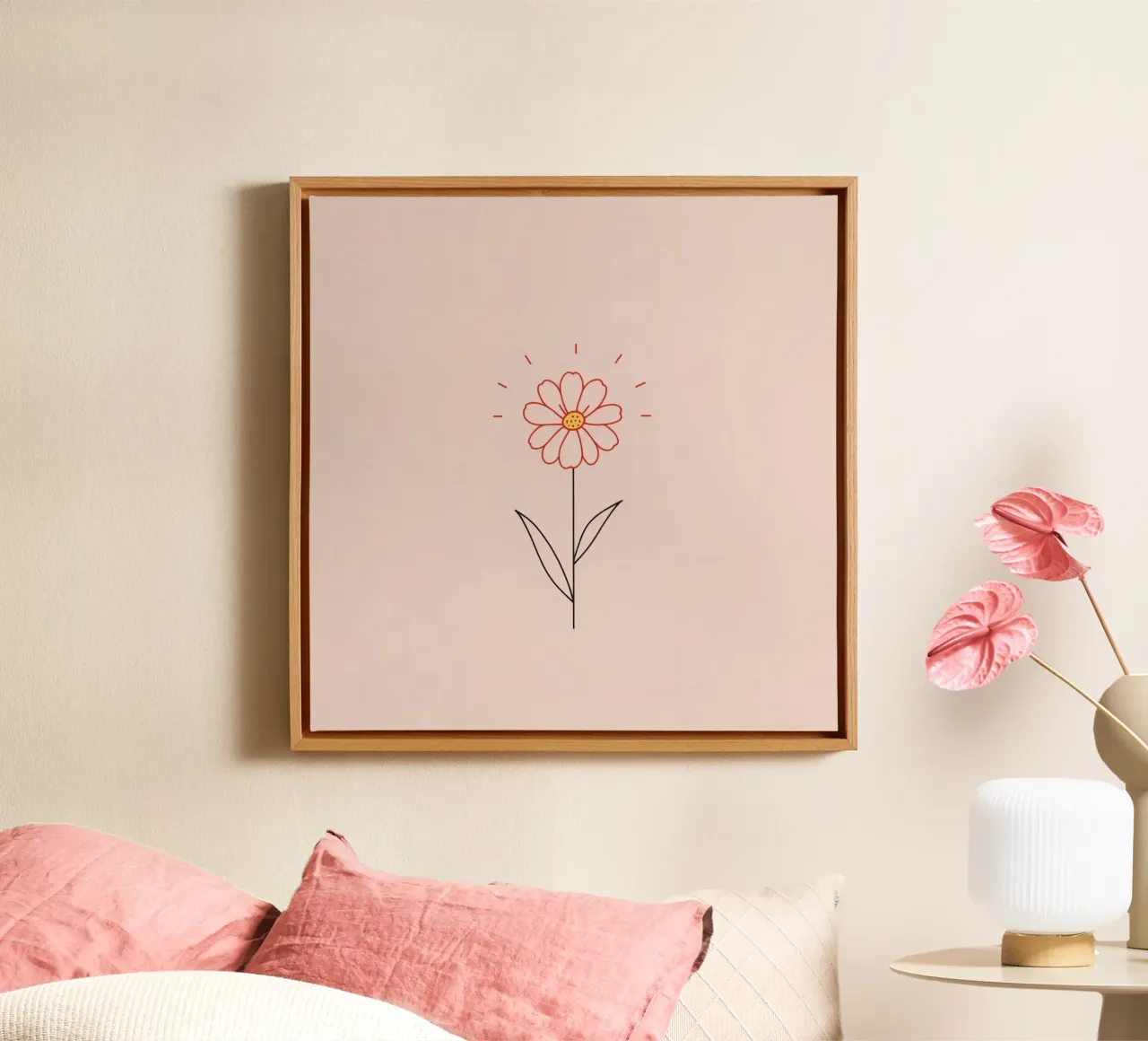 Arte floreale con un semplice fiore rosa e foglie verdi tela con Cornice a cassetta da DesignDoodle