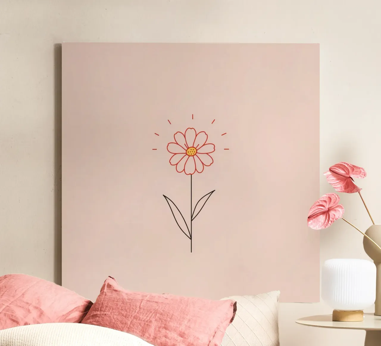 Arte floreale con un semplice fiore rosa e foglie verdi tela con Cornice a cassetta da DesignDoodle