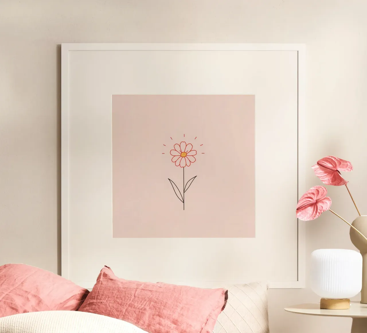 Arte floreale con un semplice fiore rosa e foglie verdi carta hahnemühle da DesignDoodle