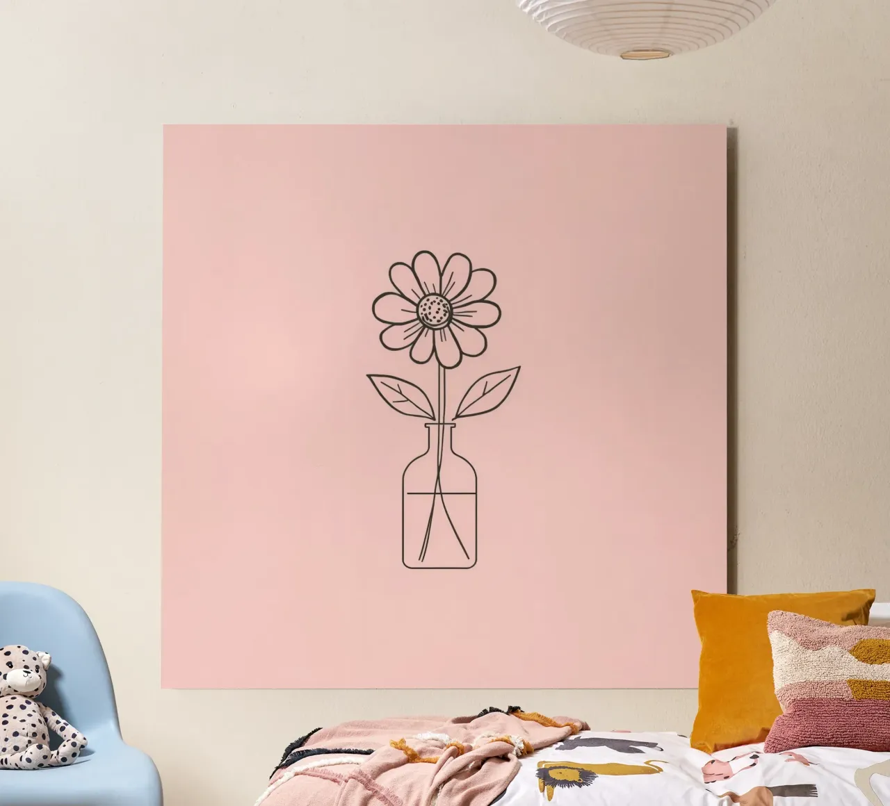 Fiore semplice in un vaso di vetro con un'arte rosa pastello alluminio dibond da DesignDoodle