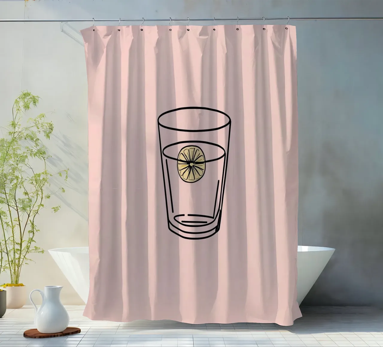 Bevanda rinfrescante in un bicchiere trasparente con una fetta di limone tenda da doccia da DesignDoodle