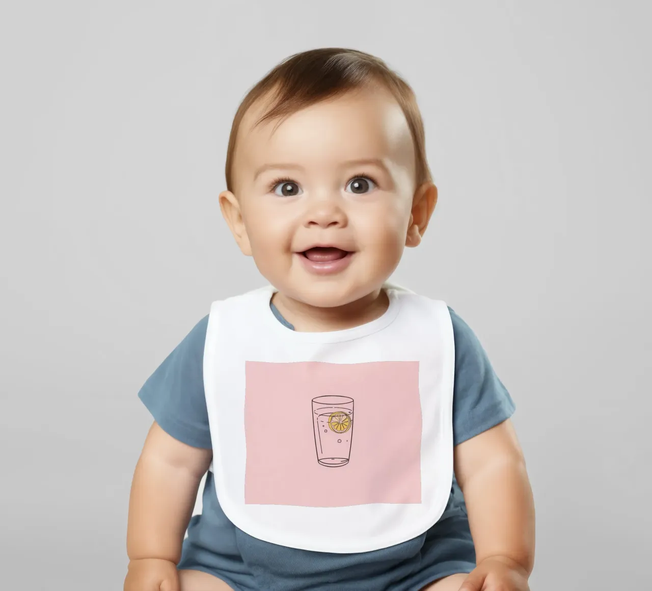 Bebida refrescante servida en vaso transparente con rodaja de limón babero de DesignDoodle