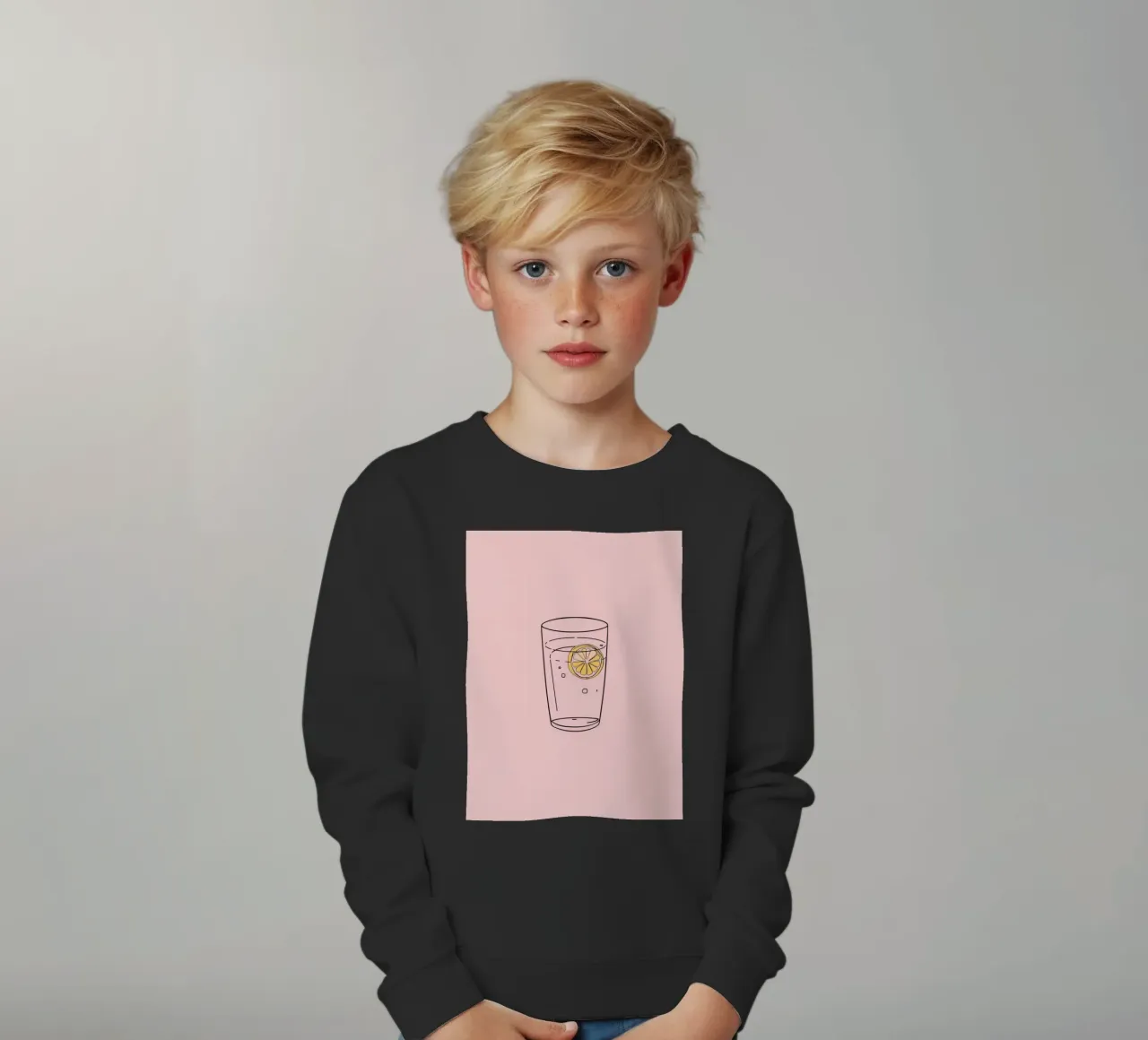 Bevanda rinfrescante servita in un bicchiere trasparente con fetta di limone felpa bambino da DesignDoodle