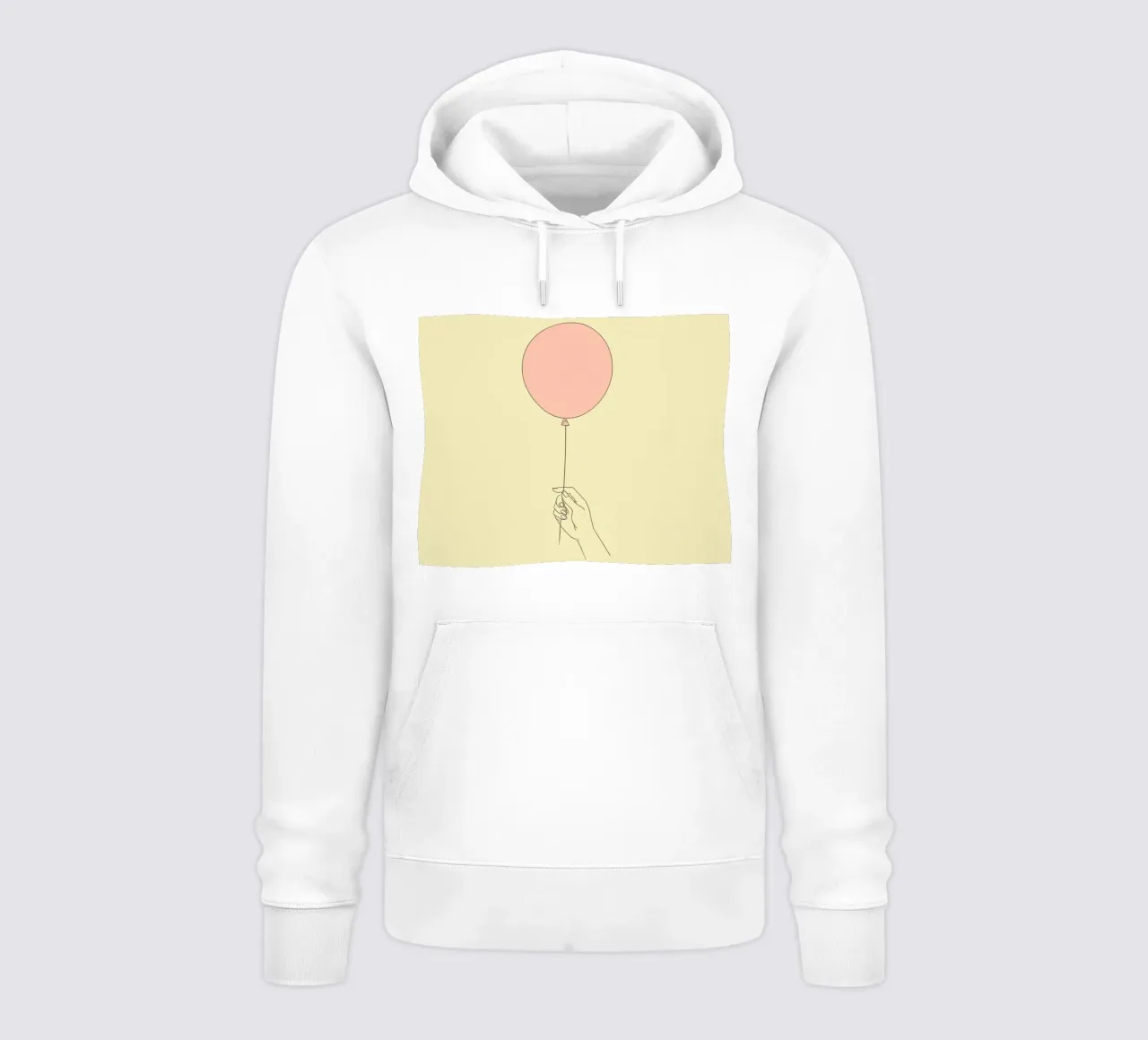 Mano che tiene un palloncino rosa su un'opera d'arte giallo tenue felpa con cappuccio da DesignDoodle