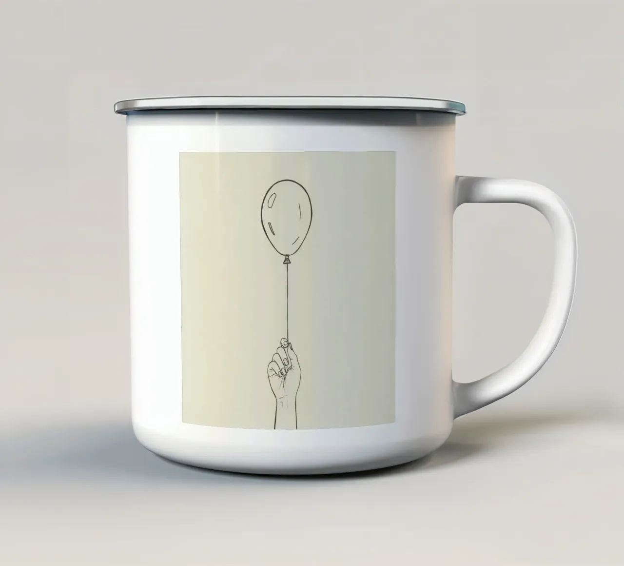 Mano che regge un palloncino in stile artistico minimalista tazza in smalto da DesignDoodle