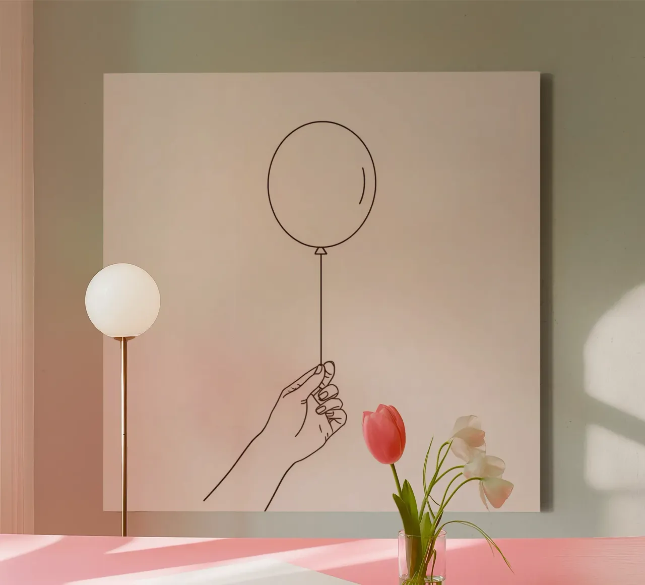 Mano che tiene un palloncino singolo rosa pastello simboleggia la gioia tela con Cornice a cassetta da DesignDoodle
