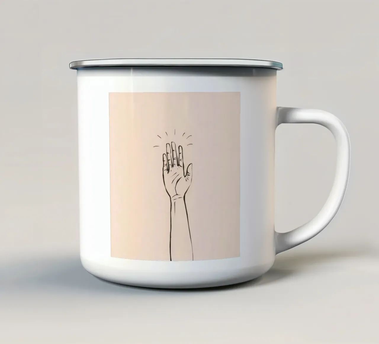 Mano alzata in segno di saluto su un semplice disegno pastello tazza in smalto da DesignDoodle