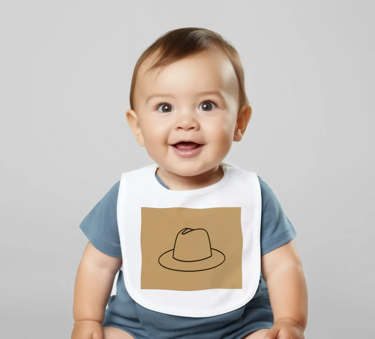Minimalist line drawing of hat displayed neutral brown art baby bib by DesignDoodle