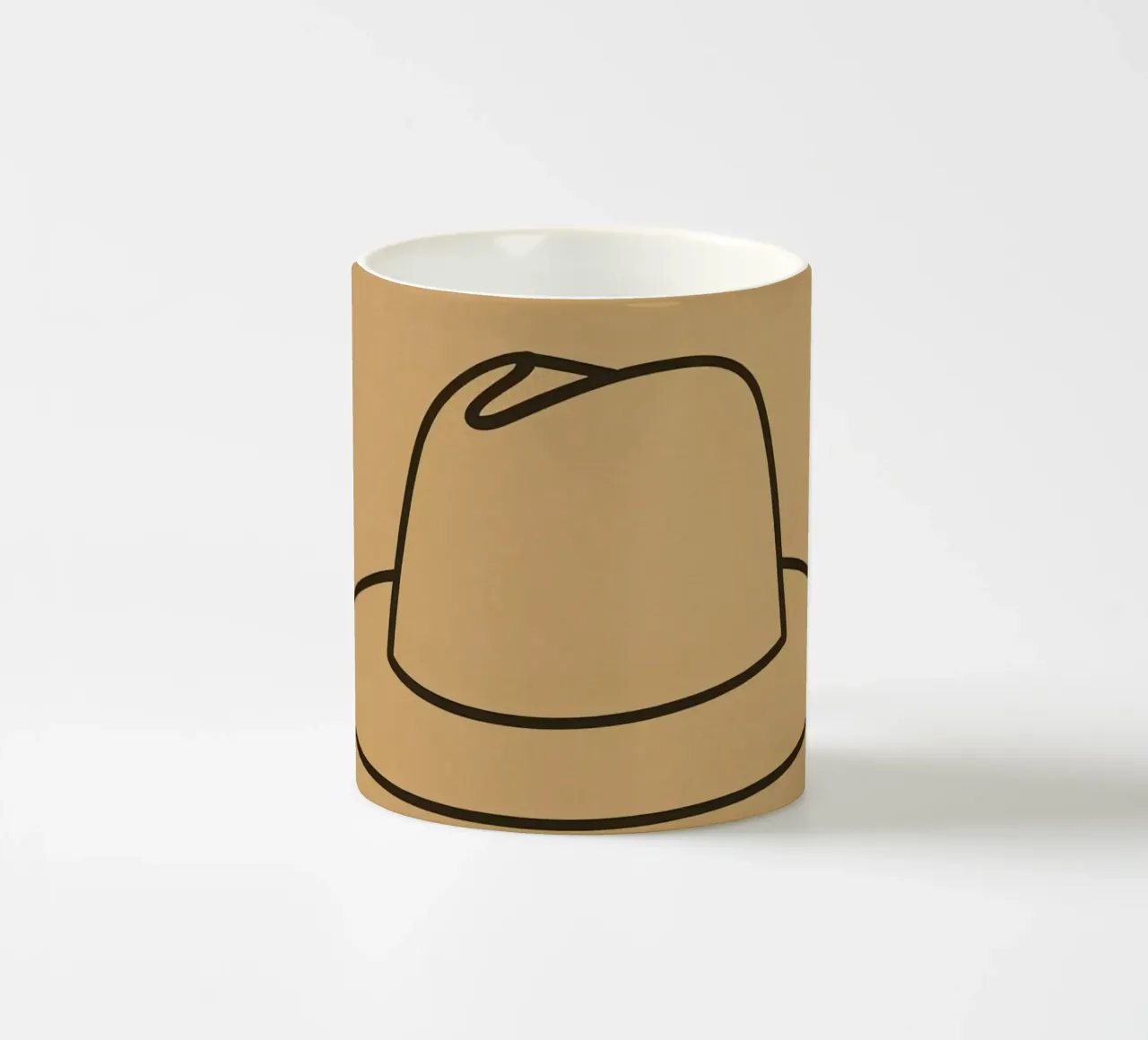Minimalist line drawing of hat displayed neutral brown art ceramic mug by DesignDoodle