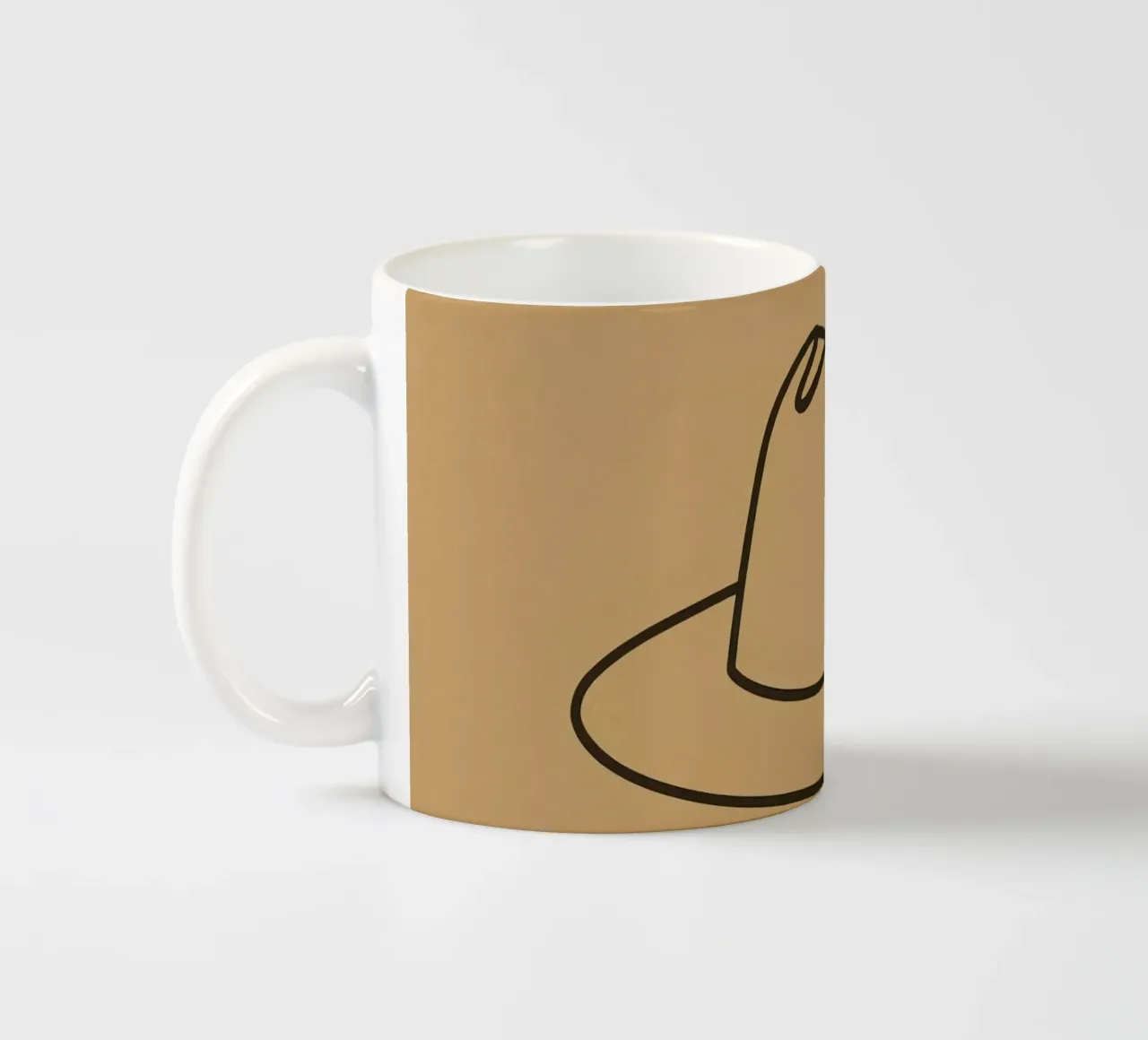 Minimalist line drawing of hat displayed neutral brown art ceramic mug by DesignDoodle