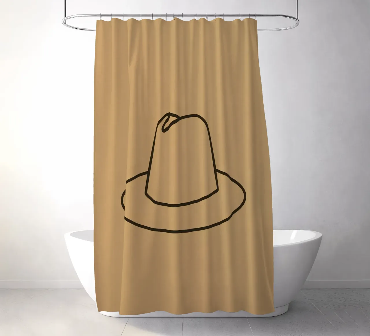 Minimalist line drawing of hat displayed neutral brown art shower curtain by DesignDoodle