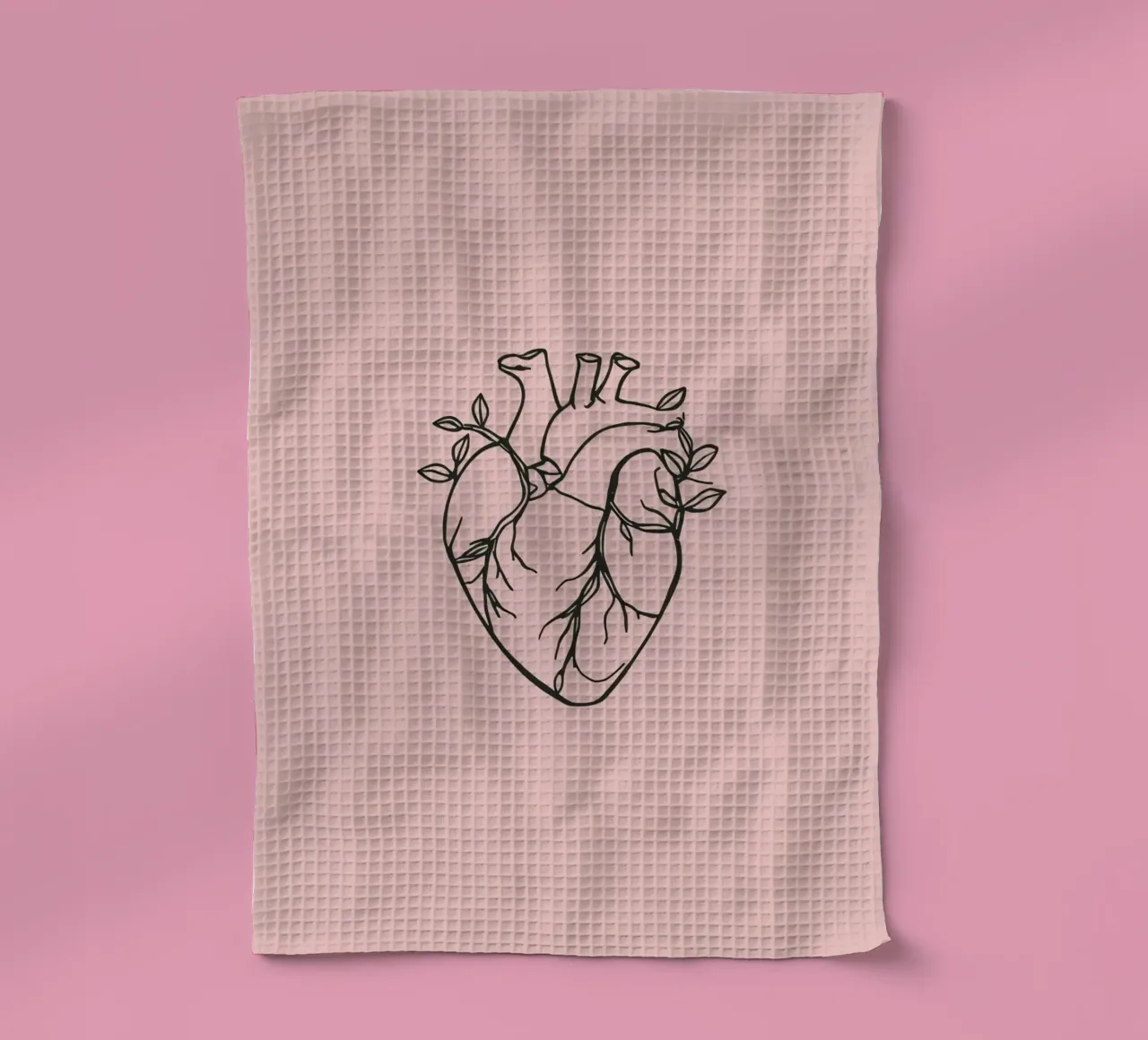 Heart illustration with delicate leaves on a pink background tea towel by DesignDoodle