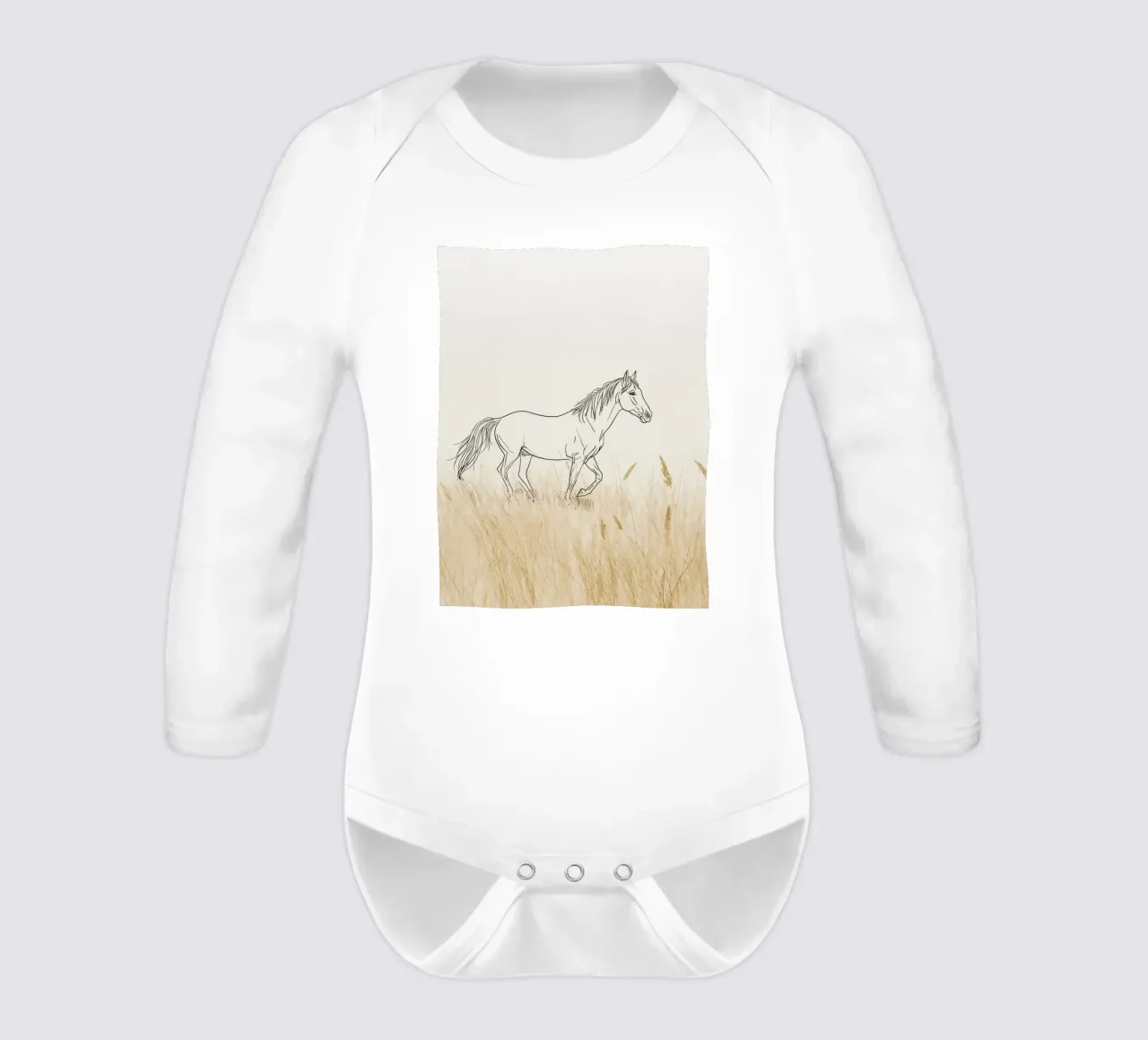 Caballo caminando entre hierba dorada en un prado tranquilo body de manga larga de DesignDoodle