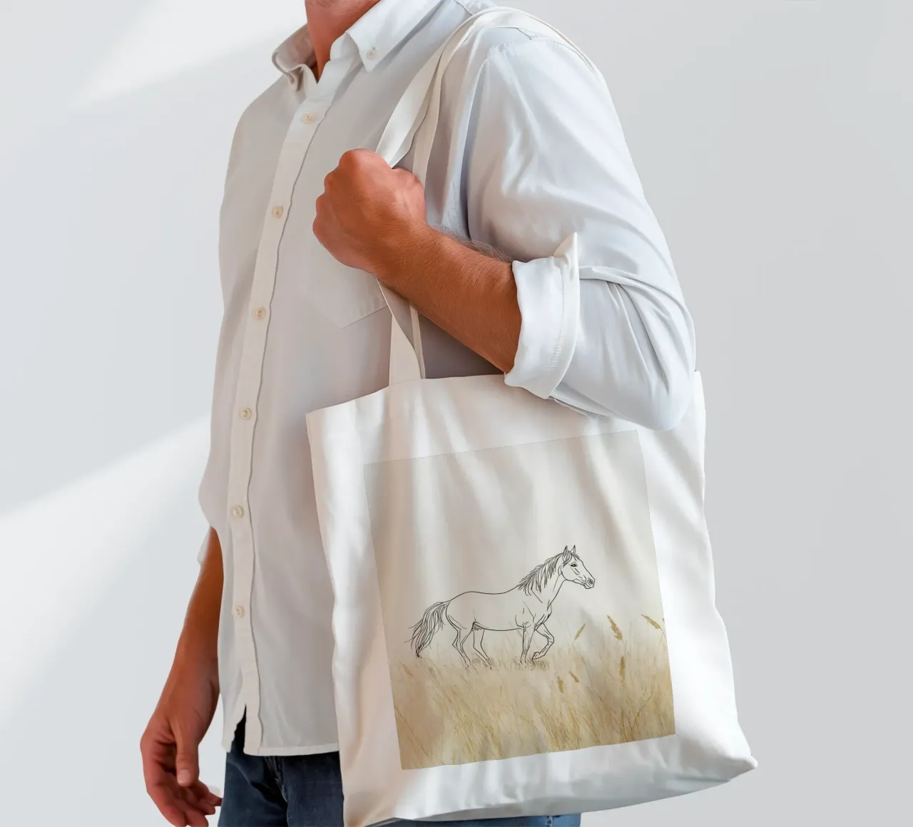 Cavallo che cammina tra l'erba dorata in un prato tranquillo borsa in juta da DesignDoodle