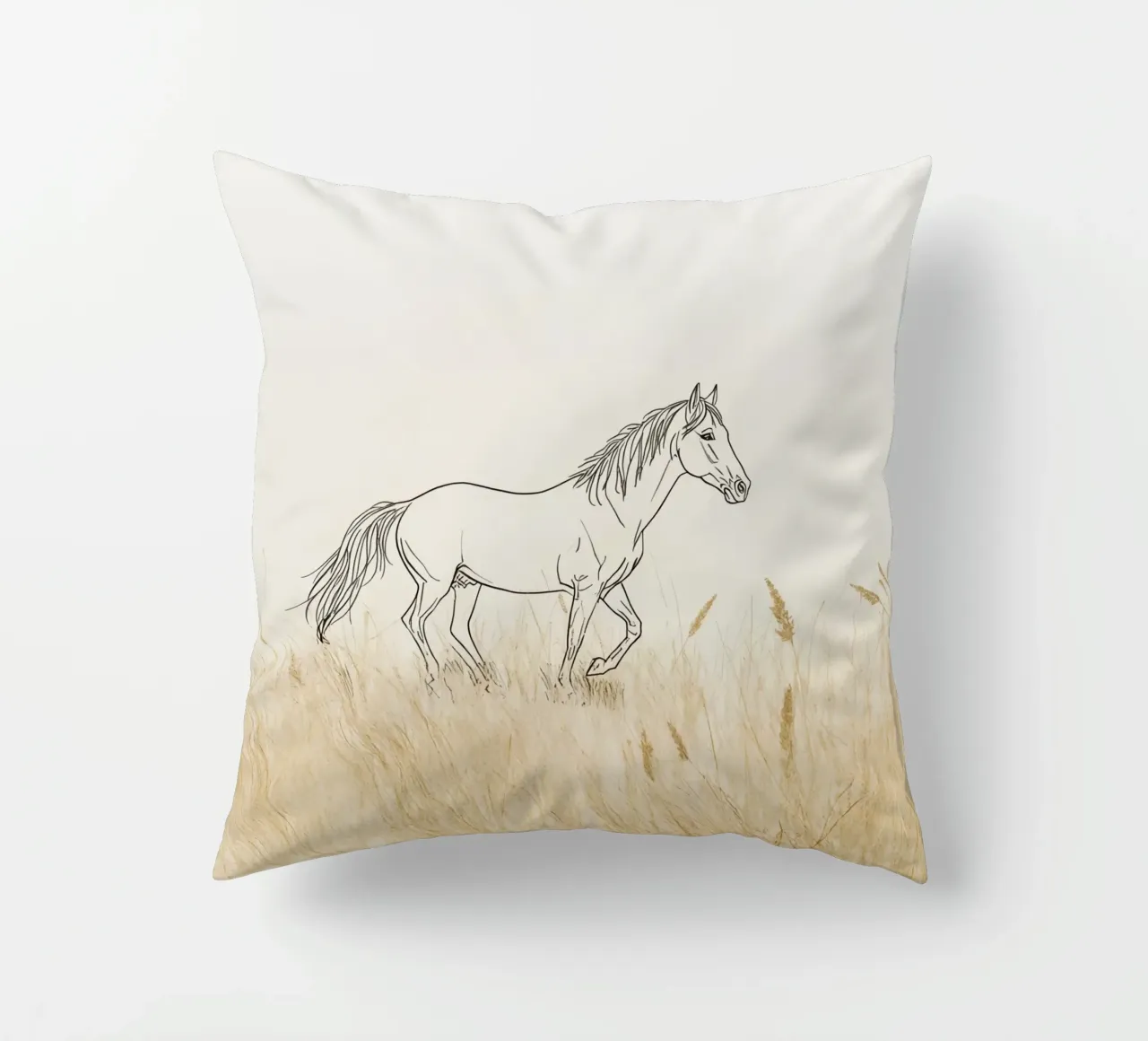 Cavallo che cammina tra l'erba dorata in un prato tranquillo cuscino da DesignDoodle