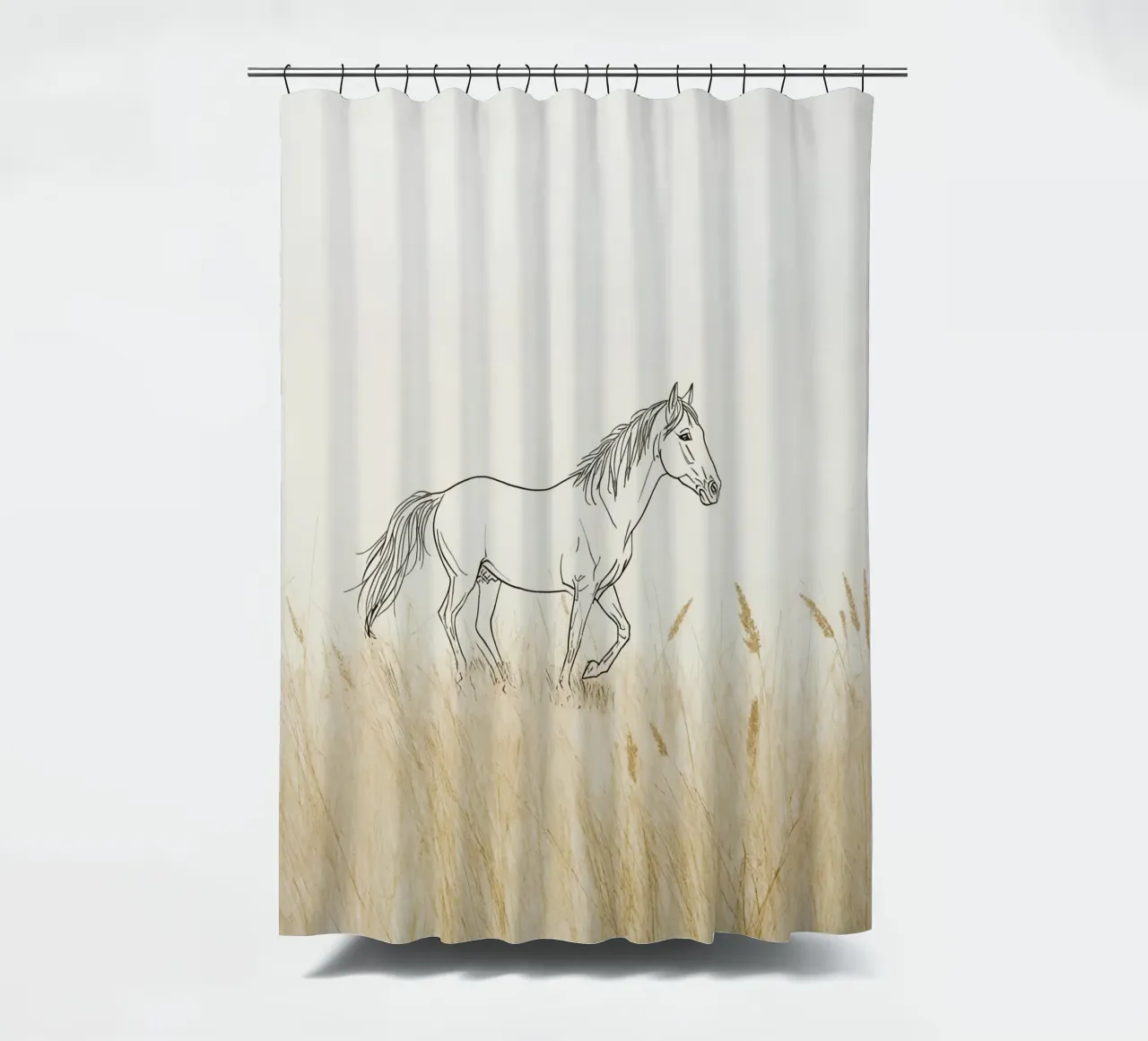 Cavallo che cammina tra l'erba dorata in un prato tranquillo tenda da doccia da DesignDoodle