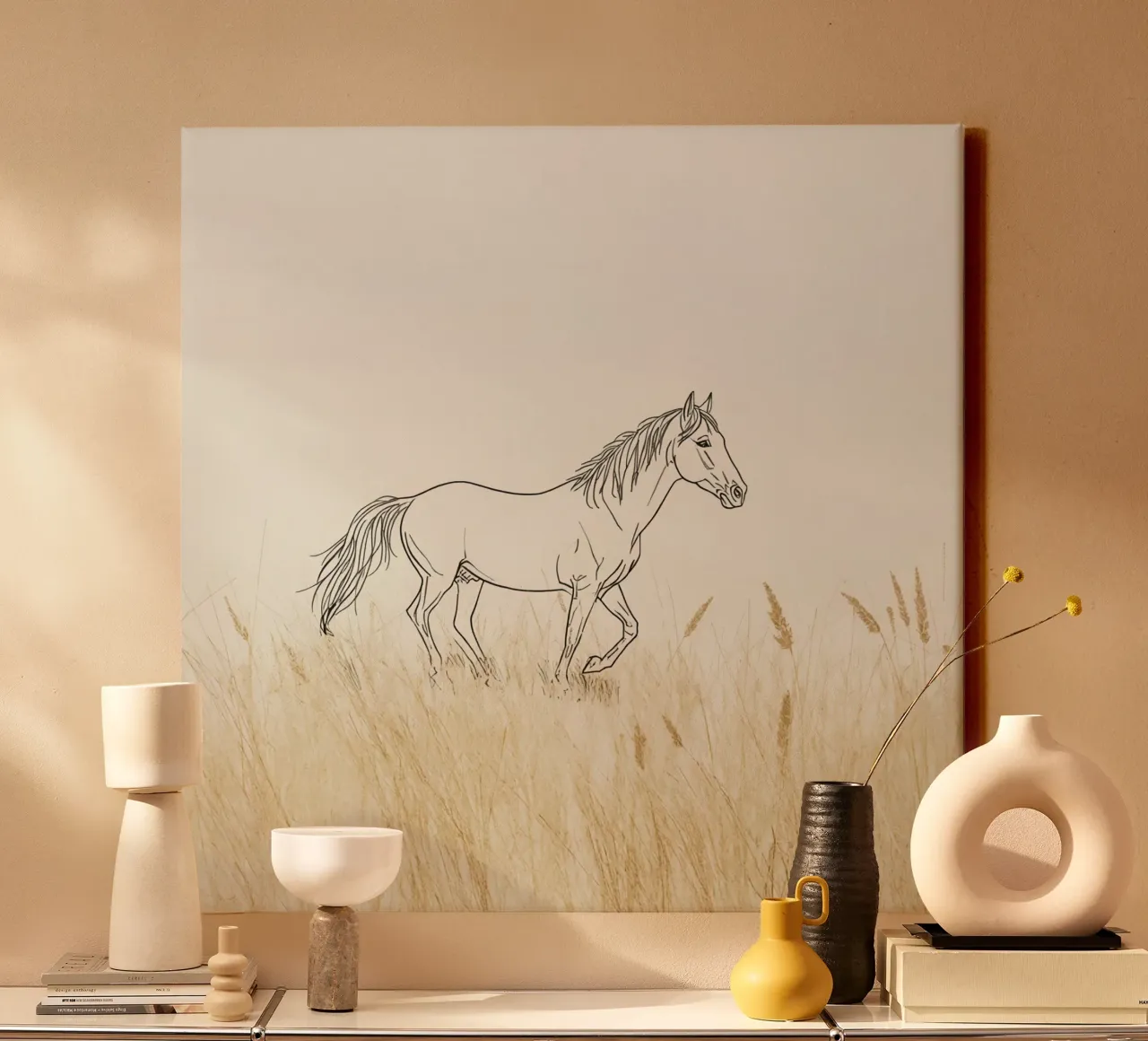 Pferd, das durch goldenes Gras auf einer ruhigen Wiese läuft Leinwand von DesignDoodle