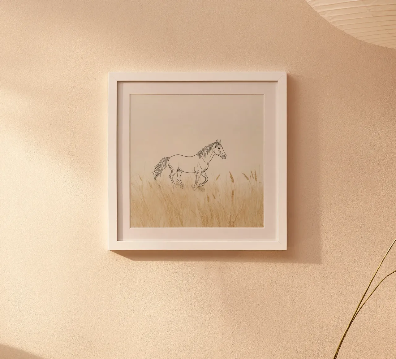 Cheval marchant dans l'herbe dorée d'un pré tranquille poster de DesignDoodle