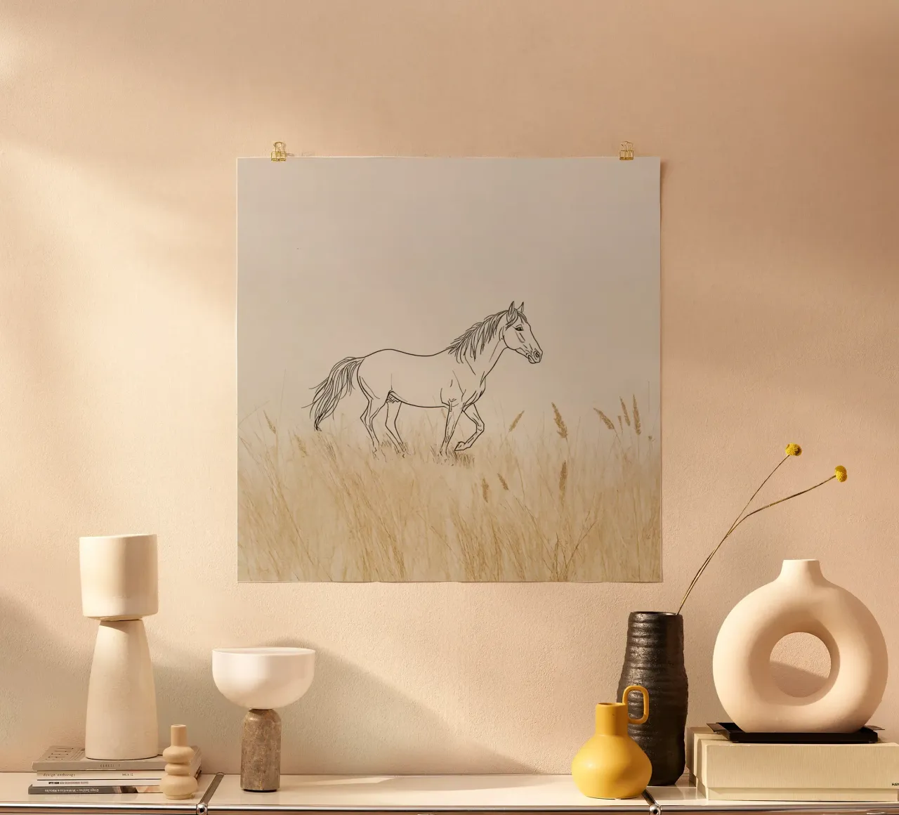 Cavallo che cammina tra l'erba dorata in un prato tranquillo carta hahnemühle da DesignDoodle