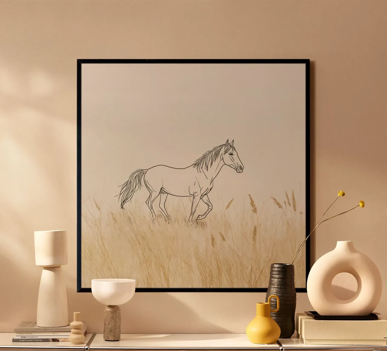 Cheval marchant dans l'herbe dorée d'un pré tranquille poster de DesignDoodle