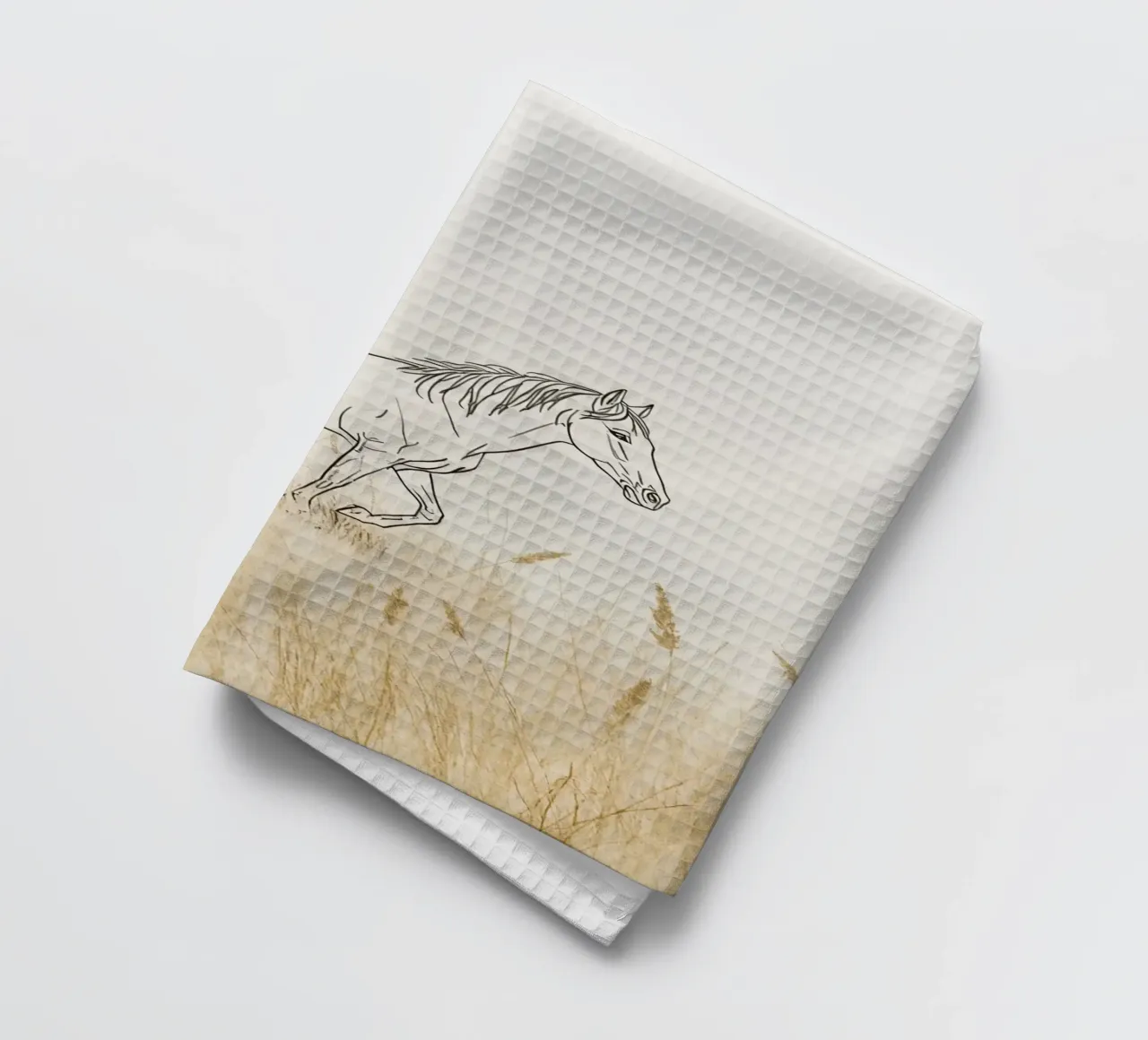 Cavallo che cammina tra l'erba dorata in un prato tranquillo canovaccio da cucina da DesignDoodle