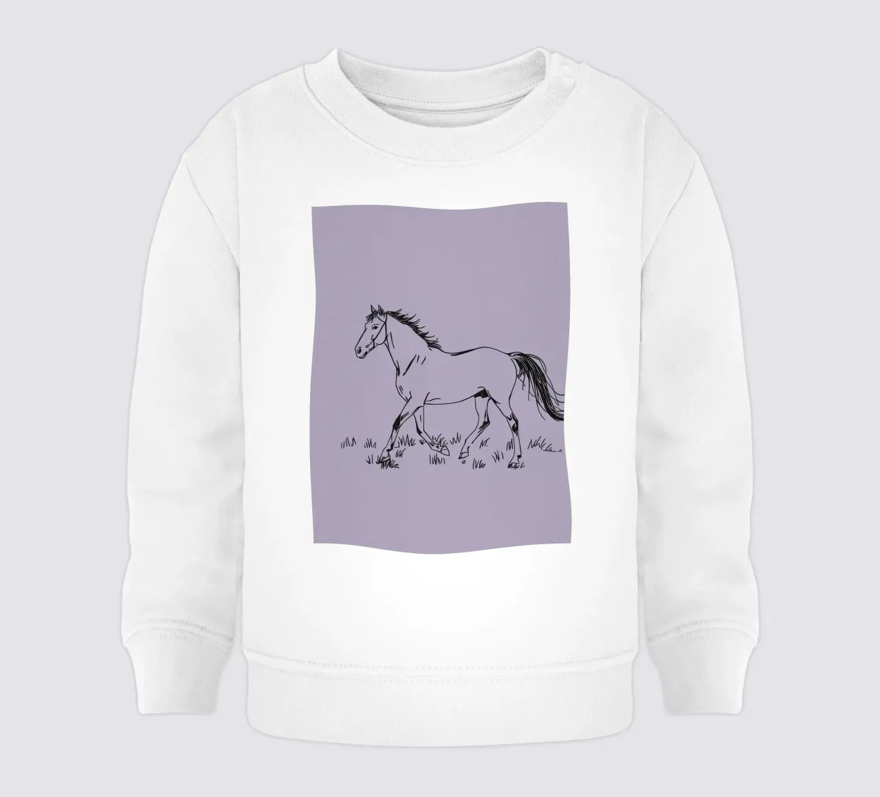 Schizzo di un cavallo che trotta sull'erba con pastello viola felpa neonato da DesignDoodle