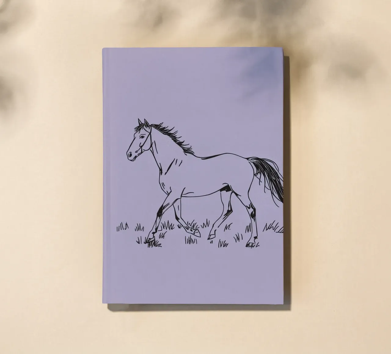 Sketch of a horse trotting across grass with purple pastel notebook by DesignDoodle