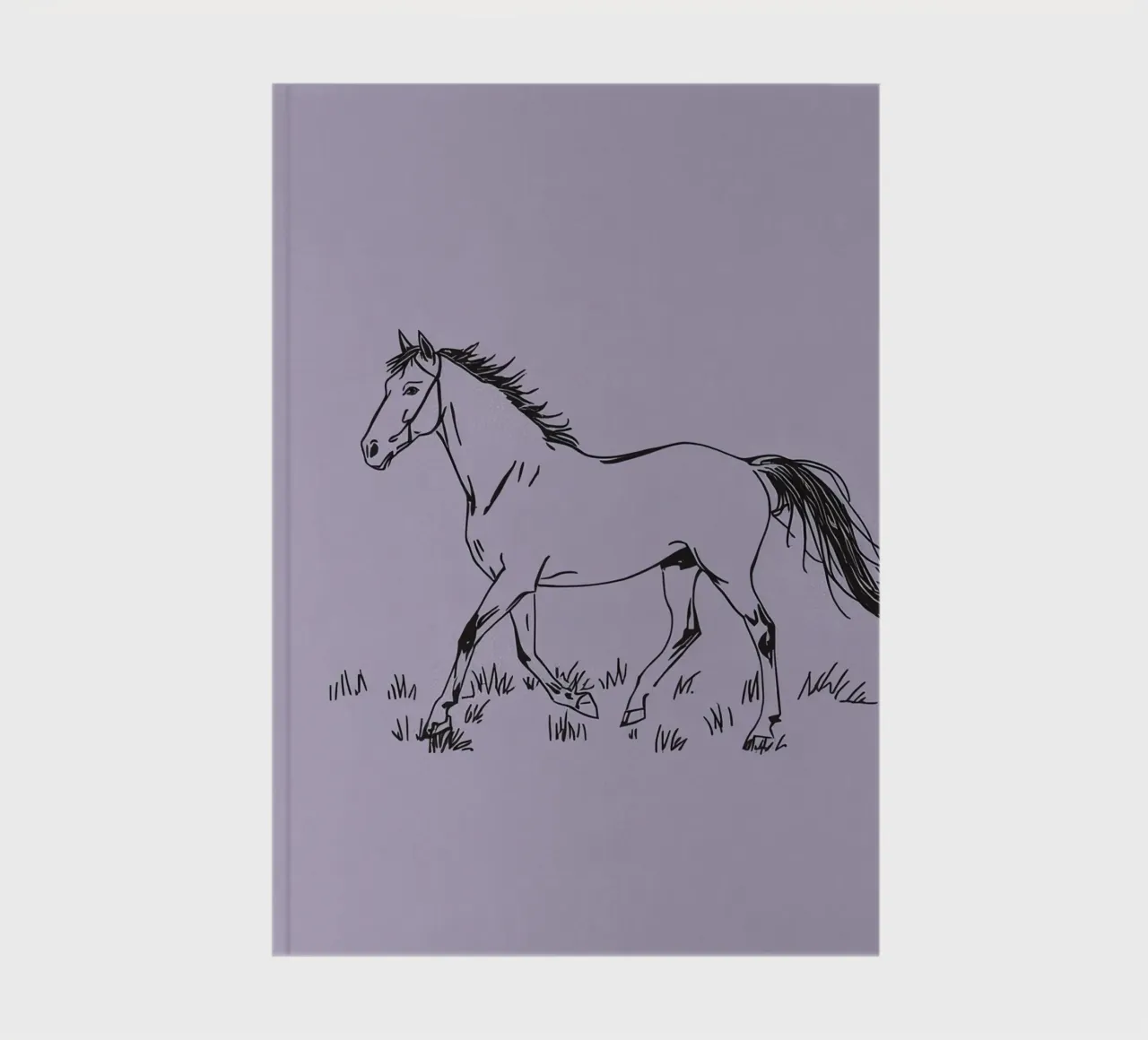 Sketch of a horse trotting across grass with purple pastel notebook by DesignDoodle