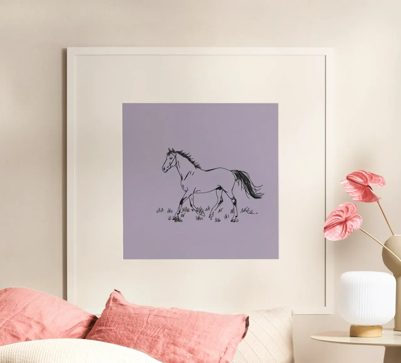 Boceto de un caballo trotando por la hierba con pastel morado poster de DesignDoodle