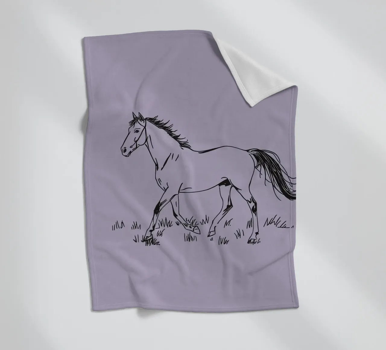 Sketch of a horse trotting across grass with purple pastel fleece blanket by DesignDoodle