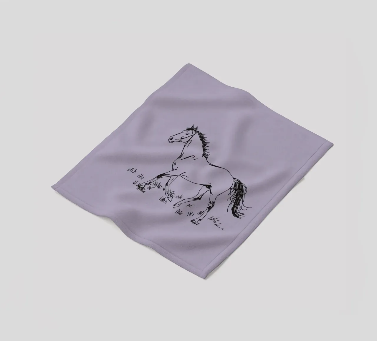 Sketch of a horse trotting across grass with purple pastel fleece blanket by DesignDoodle