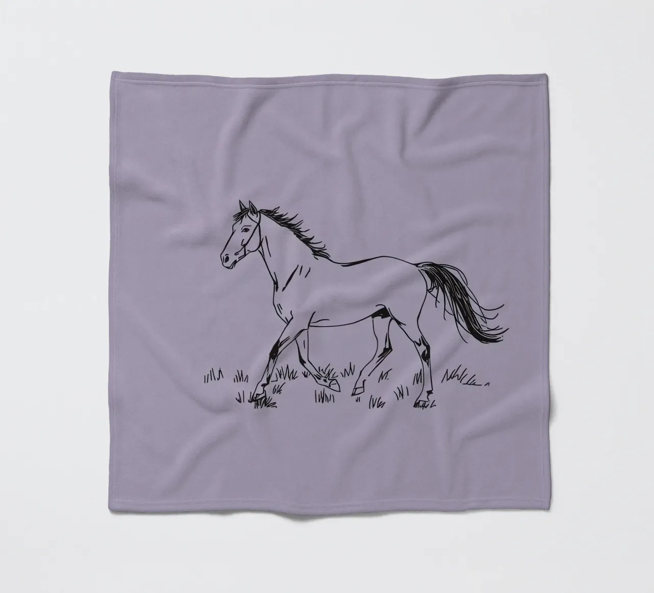 Sketch of a horse trotting across grass with purple pastel fleece blanket by DesignDoodle