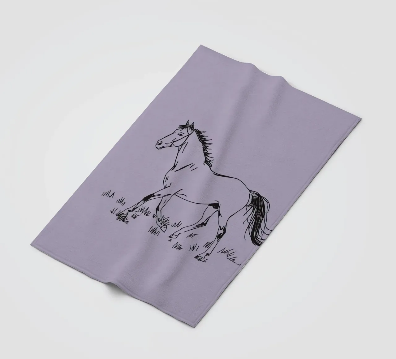 Sketch of a horse trotting across grass with purple pastel fleece blanket by DesignDoodle