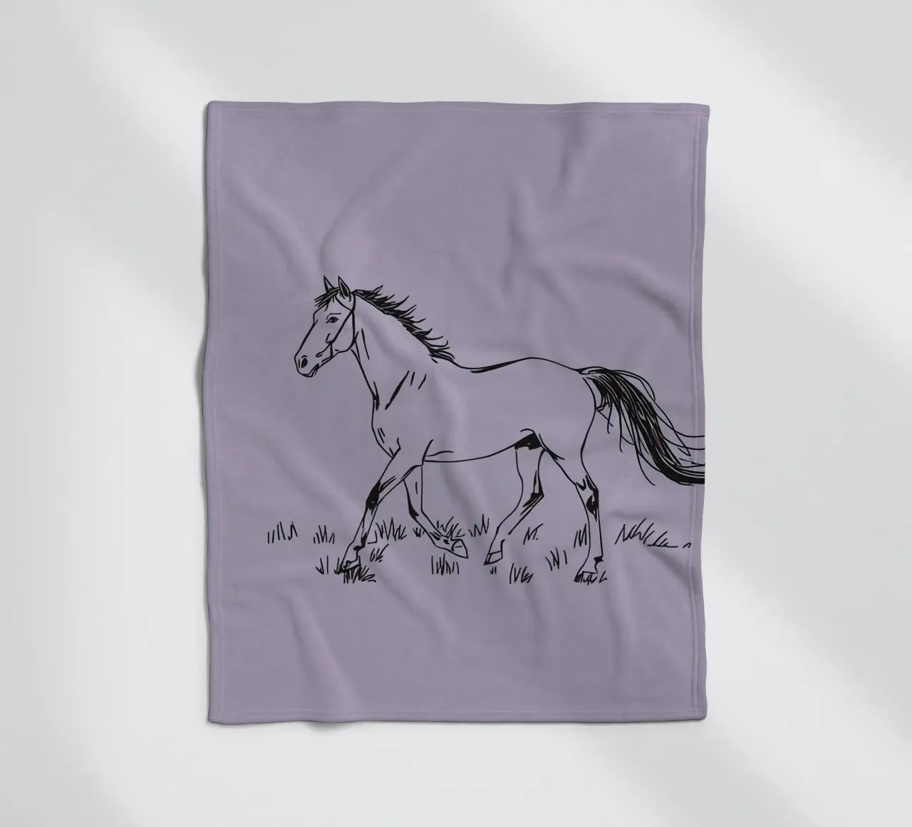 Sketch of a horse trotting across grass with purple pastel fleece blanket by DesignDoodle