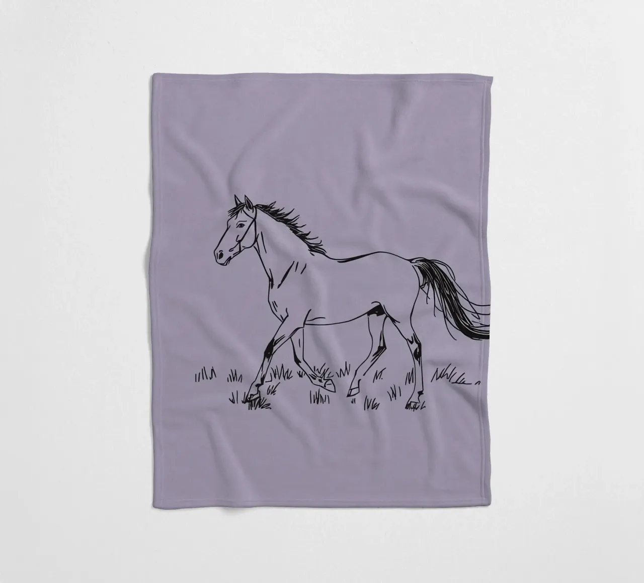 Sketch of a horse trotting across grass with purple pastel fleece blanket by DesignDoodle